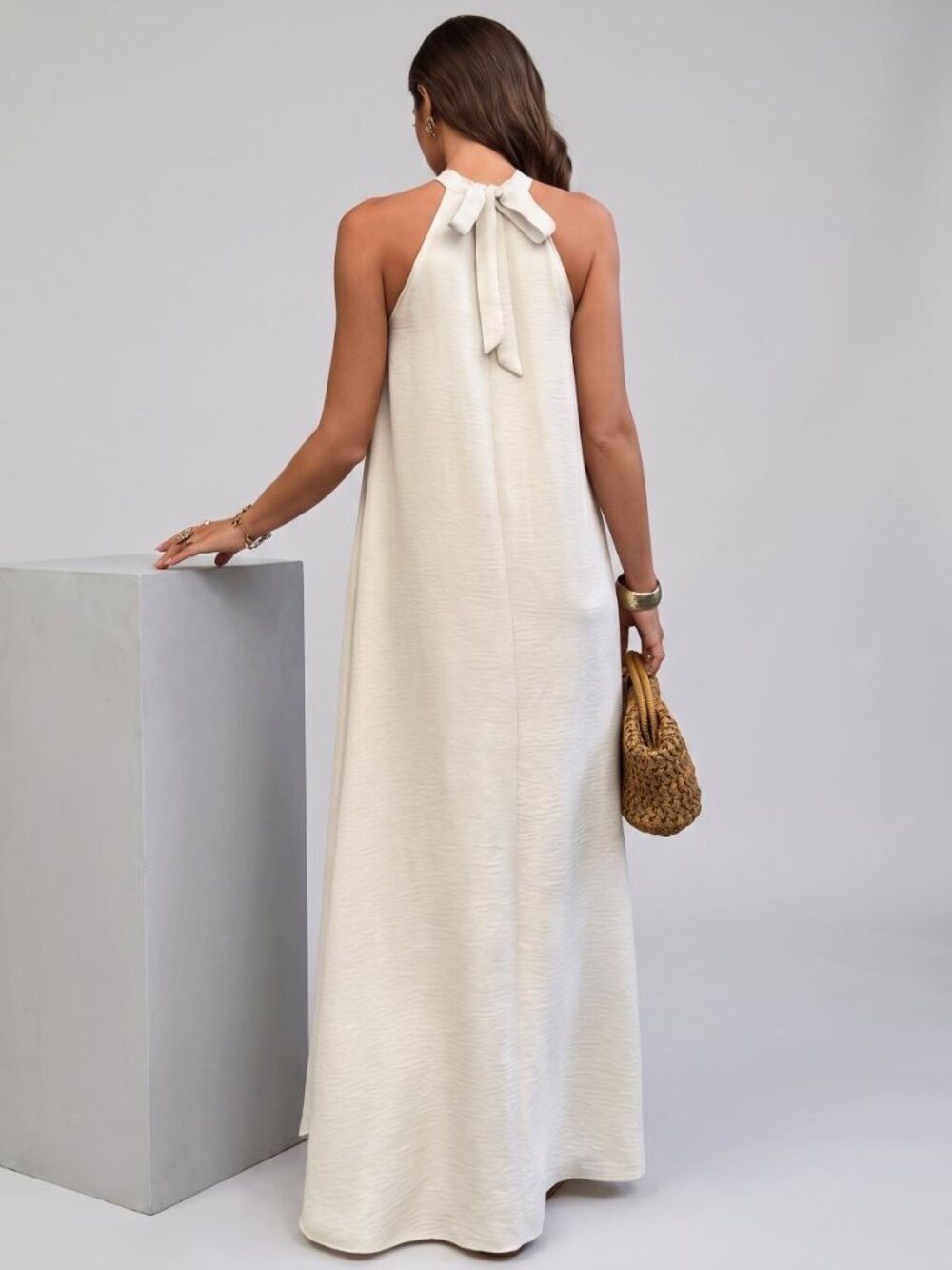 Women's Cream A-Line Maxi Dress High Neck Sleeveless Boho Beach Vacation Evening - Picture 2 of 5